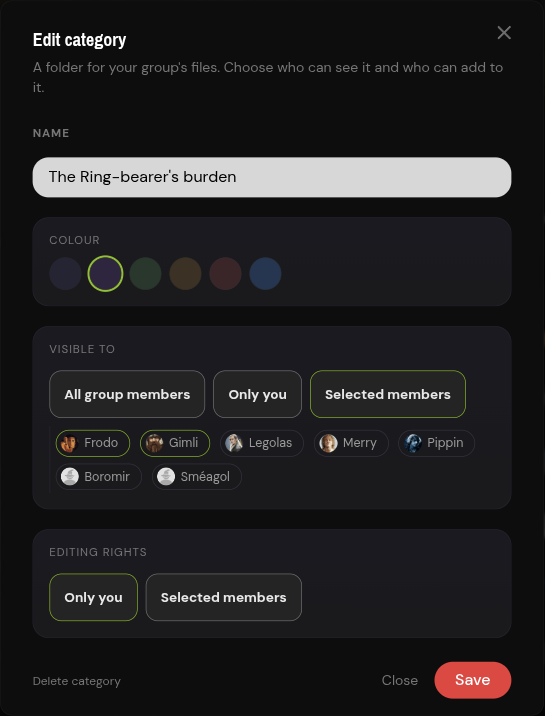 Folder settings: visible to all members, selected members or only you