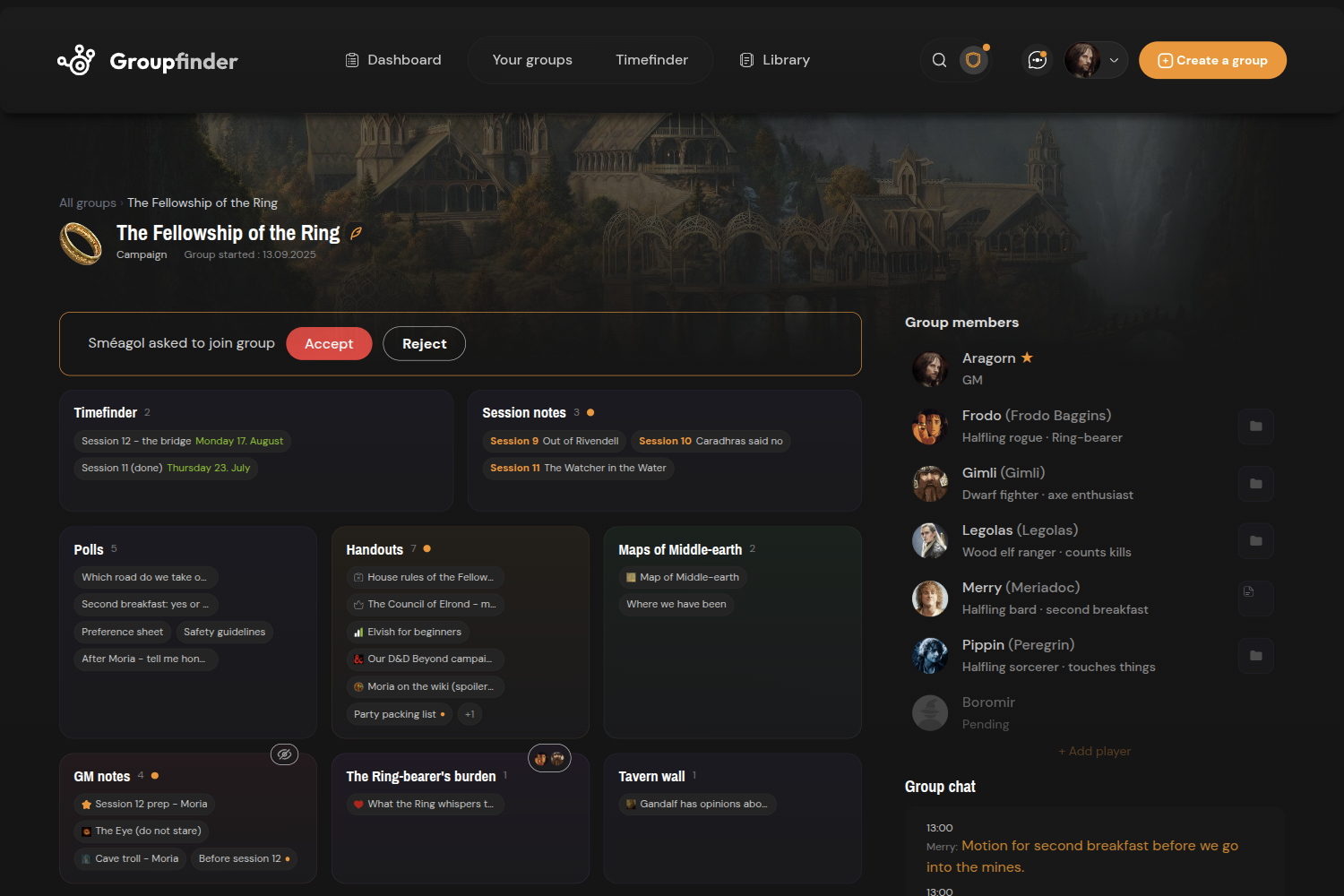 A group's dashboard: folders, session notes, timefinder poll and members