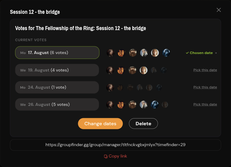 A timefinder poll with votes for four evenings